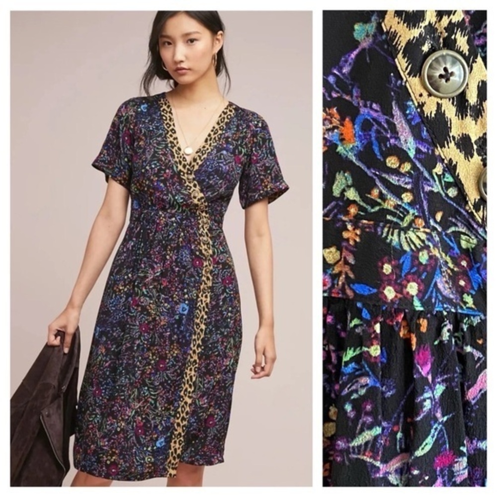 Anthropologie Maeve Black Floral Leopard Print Morgan Wrap Dress 6